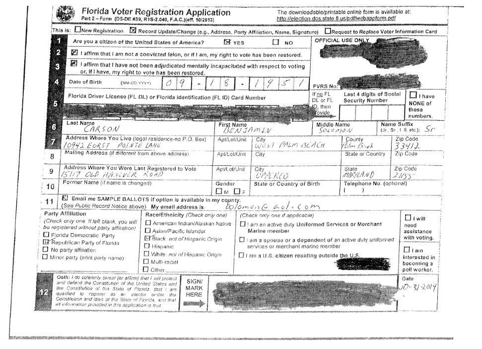 Ben Carson FL party affiliation change