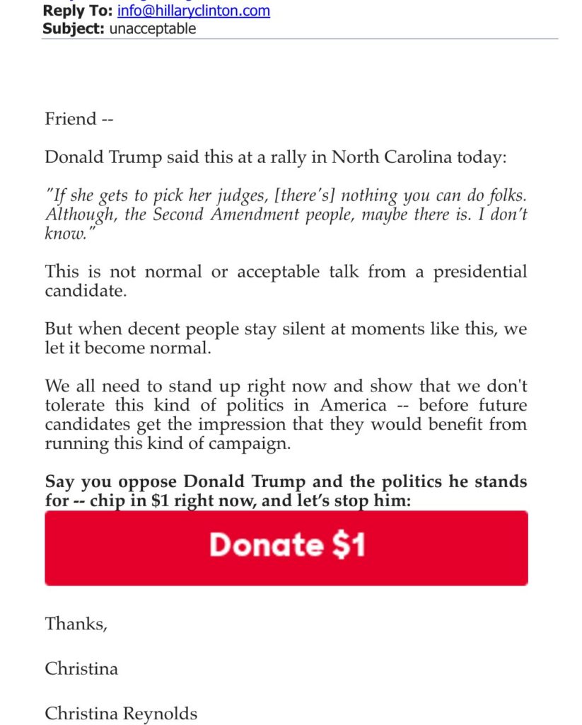 Hillary Clinton Trump 2A remark email