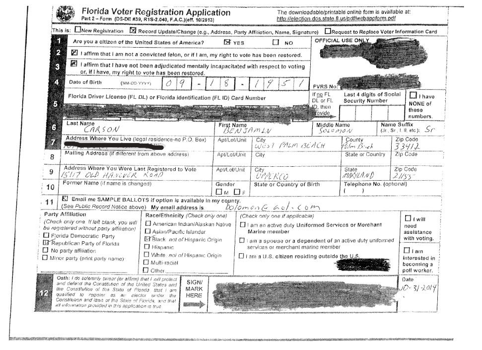 Ben Carson FL party affiliation change redact