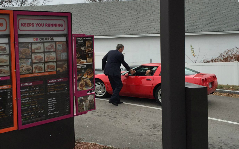 Jeb Bush campaigns - at Dunkin Donuts drive thru window