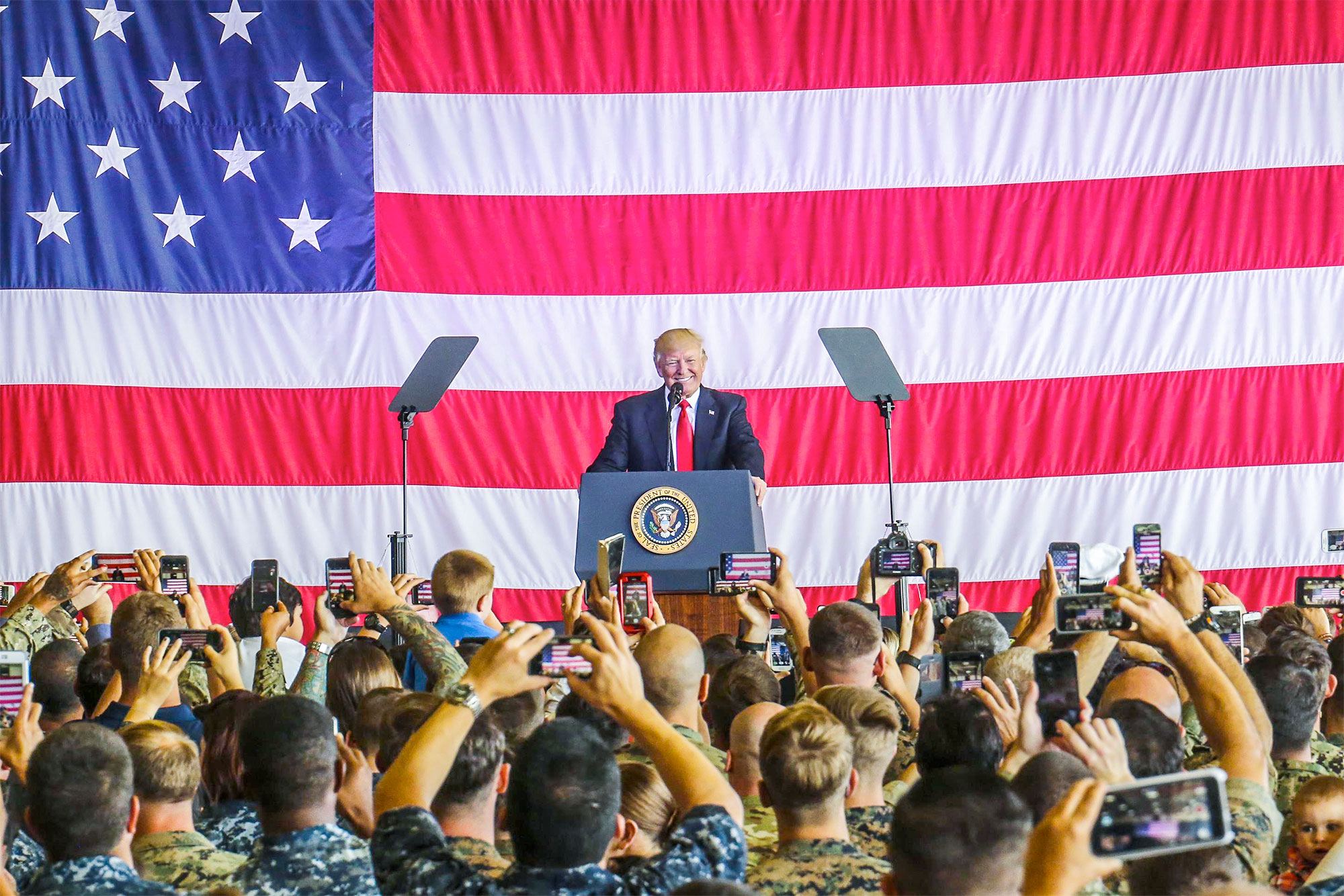 President Donald J. Trump speaks to U.S. service members and their families at Naval Air Station Sigonella, Italy, May 27, 2017. Trump traveled to Sicily to attend the G7 Summit and meet with world leaders. U.S. Marine Corps photo by Sgt. Samuel Guerra