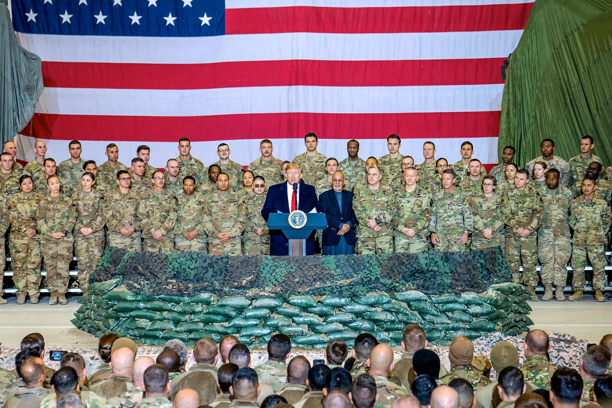 President Donald J. Trump addresses service members at Bagram Airfield, Afghanistan, Nov. 28, 2019.