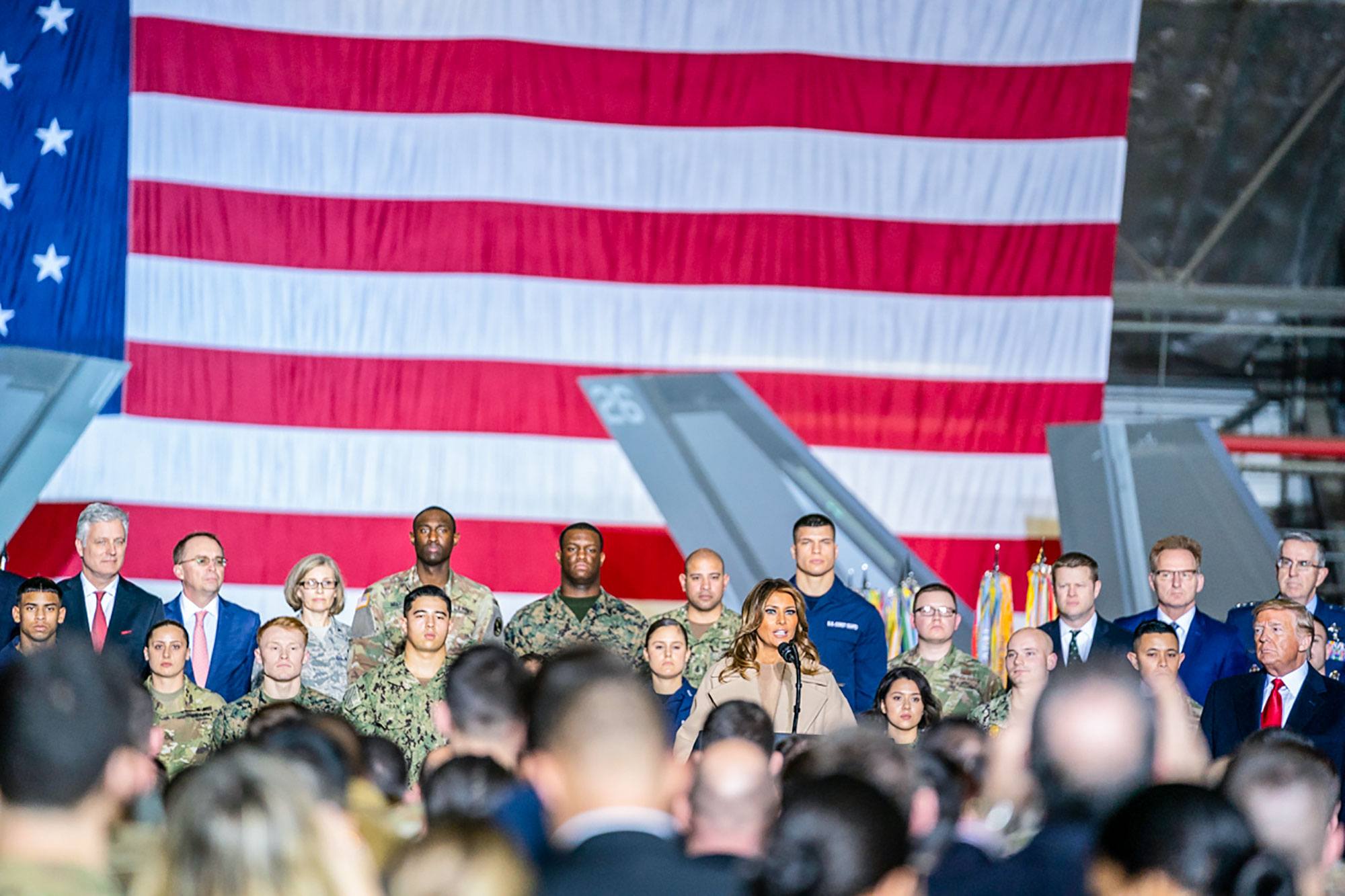 First Lady Melania Trump delivers remarks prior to President Donald J. Trump signing S. 1790, The National Defense Authorization Act for Fiscal Year 2020 Friday, Dec. 20, 2019, at Hangar 6 at Joint Base Andrews, Md.