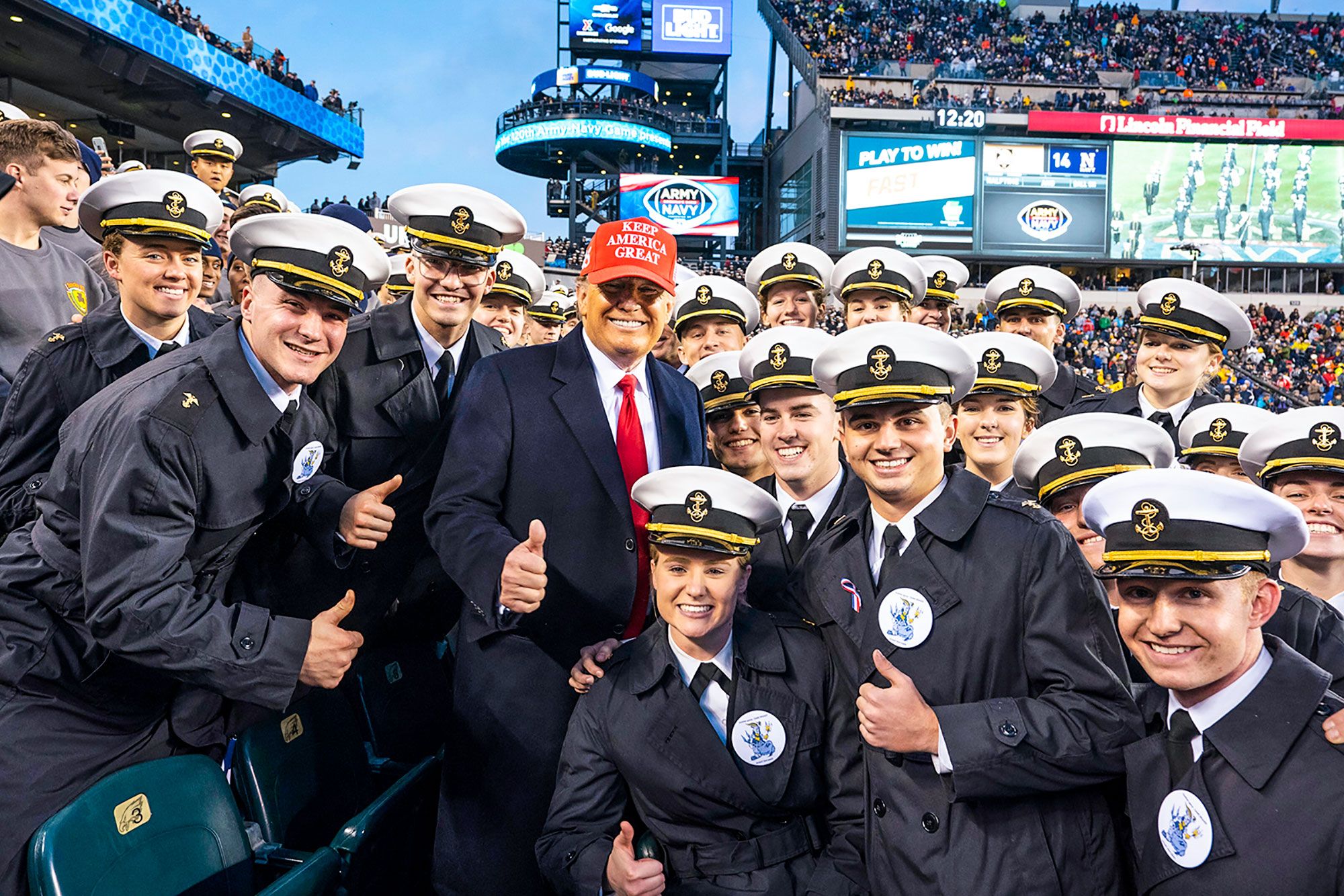 President Donald J. Trump visits with U.S. Navy Cadets during the 120th Army-Navy football game at Lincoln Financial Field in Philadelphia, Pa.